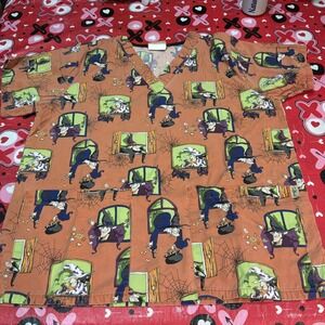 Women's Halloween Scrub Top, Tafford Brand, Size‎ Small Witches Bats Candy Corn